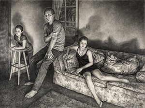 Image of the charcoal drawing, Emma and Kiera at Dad's by Edgar Jerins.